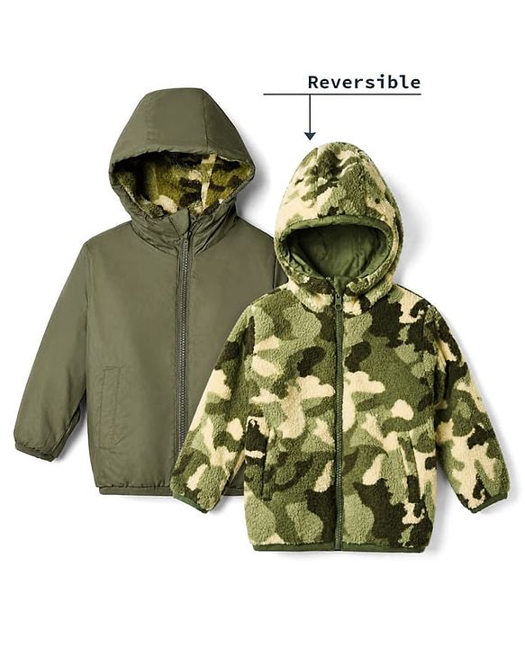 Babyhug Fur Woven Reversible Jackets with Full Sleeves and Camouflage Print in Olive Green
