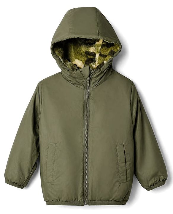 Babyhug Fur Woven Reversible Jackets with Full Sleeves and Camouflage Print in Olive Green
