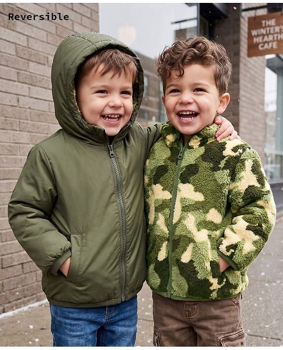 Babyhug Fur Woven Reversible Jackets with Full Sleeves and Camouflage Print in Olive Green