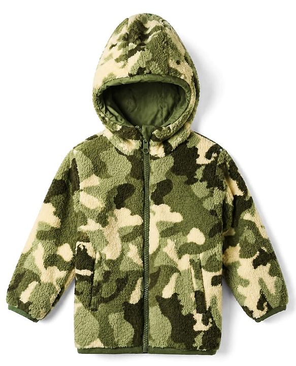Babyhug Fur Woven Reversible Jackets with Full Sleeves and Camouflage Print in Olive Green