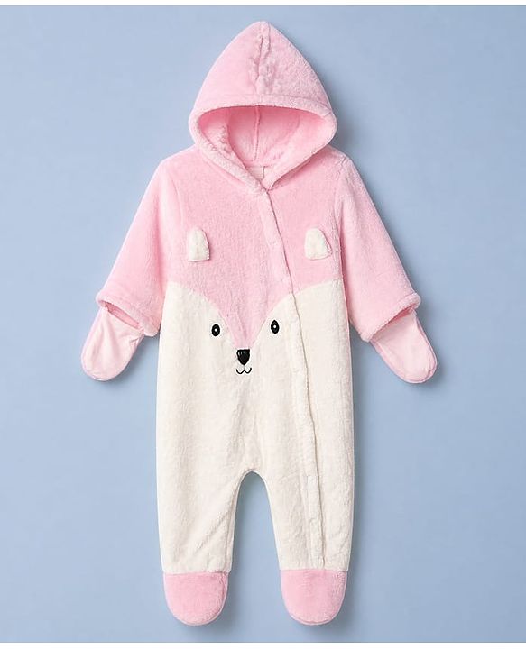Babyhug Fur Woven Full Sleeves Hooded Footed Winter Wear Rompers With Applique - Light Blue