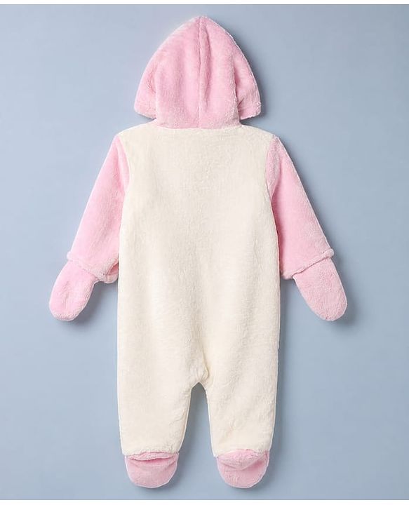 Babyhug Fur Woven Full Sleeves Hooded Footed Winter Wear Rompers With Applique - Light Blue