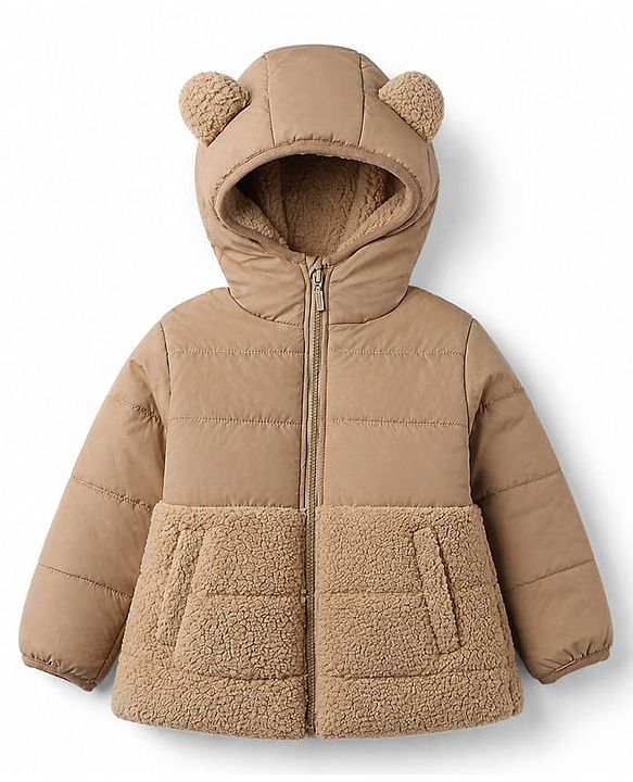 Babyhug Woven Padded Winter Jacket  Full Sleeves with Fur & Ear Applique - Beige