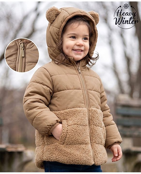 Babyhug Woven Padded Winter Jacket  Full Sleeves with Fur & Ear Applique - Beige