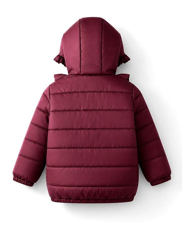 Babyhug Woven Full Sleeves Solid Colour Hooded Padded Jacket with Frill Detailing - Burgundy