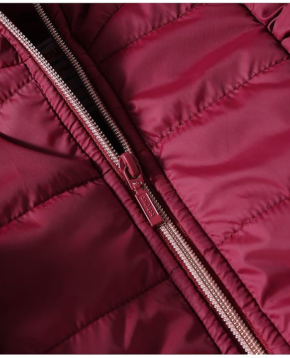 Babyhug Woven Full Sleeves Solid Colour Hooded Padded Jacket with Frill Detailing - Burgundy