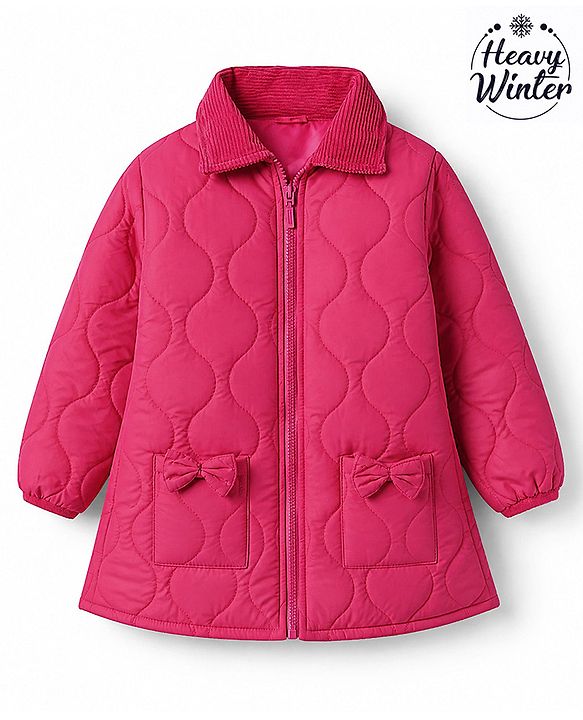 Babyhug Woven Padded/Quilted/ Winter Jacket with Full Sleeves and Bow Detail - Pink