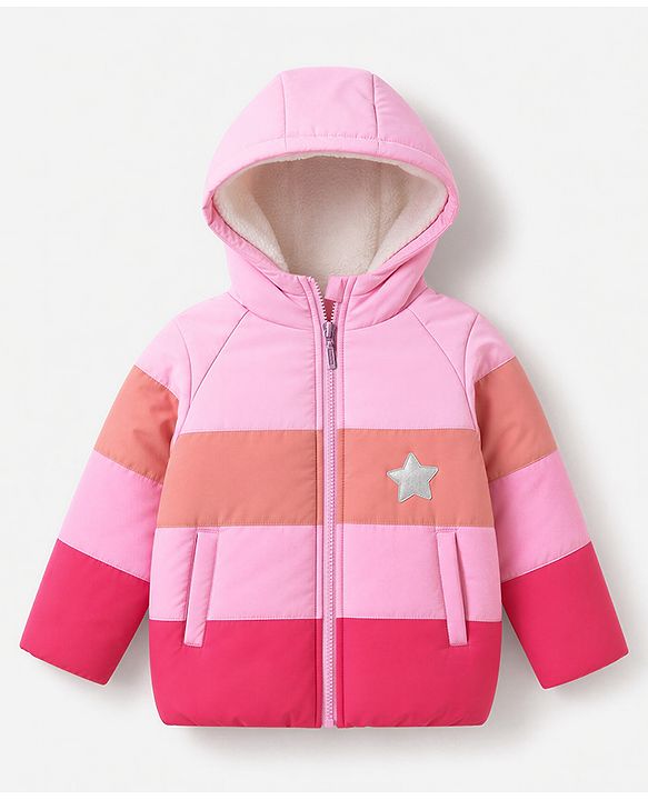 Babyhug Woven Padded Hooded Winter Jacket with Full Sleeves and Star Patch - Pink
