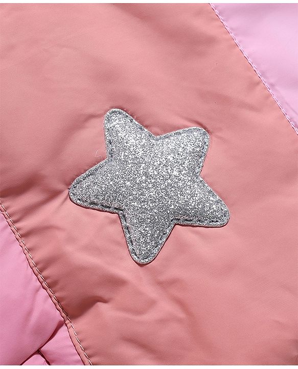 Babyhug Woven Padded Hooded Winter Jacket with Full Sleeves and Star Patch - Pink