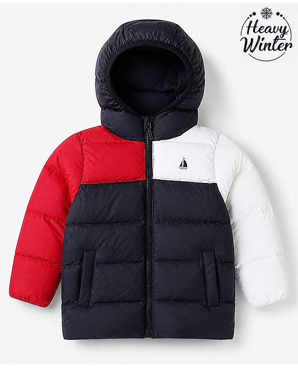 Babyhug Woven Full Sleeves Hooded Padded Winter Jacket With Boat Embroidery - Navy Blue
