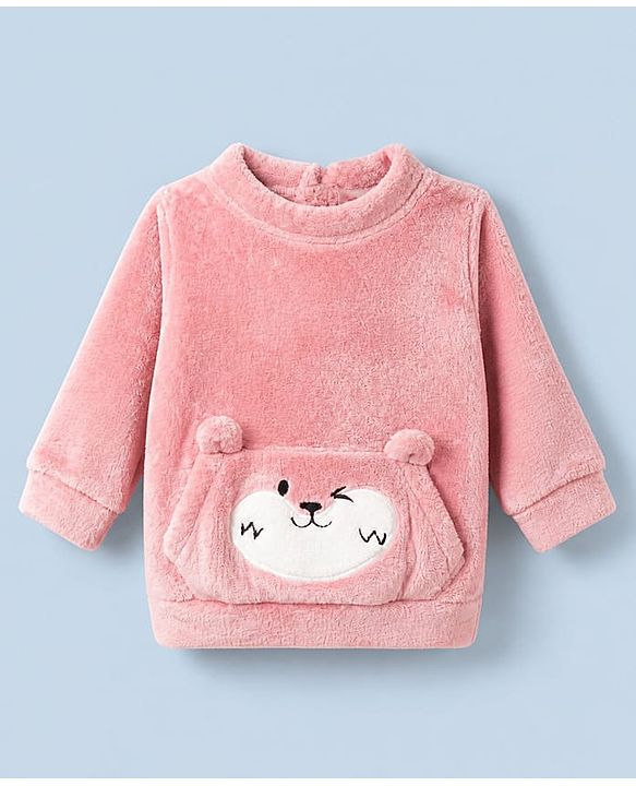 Babyhug Fur Woven Full Sleeves Winter Wear Suit With Bear Patch - Pink