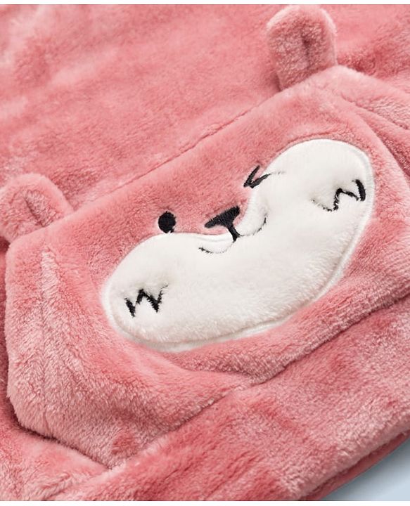 Babyhug Fur Woven Full Sleeves Winter Wear Suit With Bear Patch - Pink