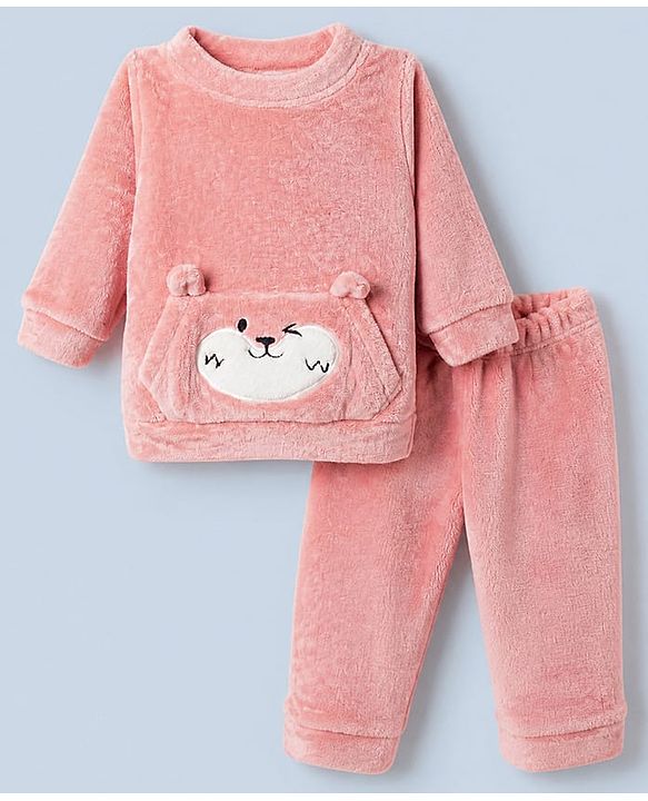 Babyhug Fur Woven Full Sleeves Winter Wear Suit With Bear Patch - Pink