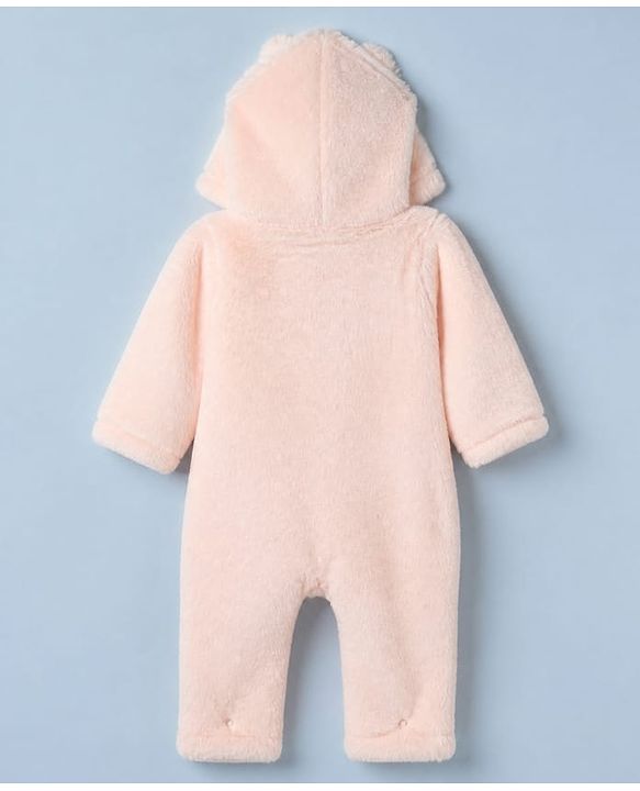 Babyhug Fur Woven Full Length Romper with Full Sleeves and Cat Face Embroidery - Peach