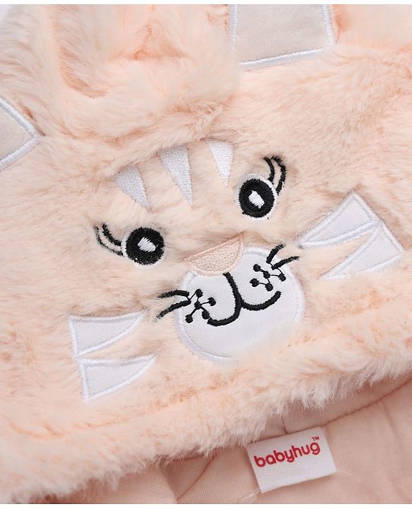 Babyhug Fur Woven Full Length Romper with Full Sleeves and Cat Face Embroidery - Peach