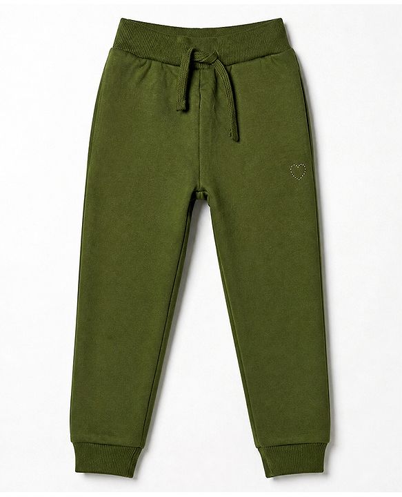 Babyhug 100% Cotton Looper Knit Full Length Lounge Pant With Heart Embellishment - Olive Green