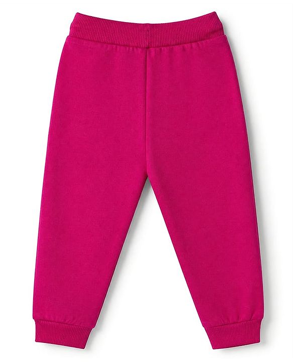 Babyhug Cotton Looper Knit Full Length Lounge Pants With Butterfly Sequin - Dark Pink