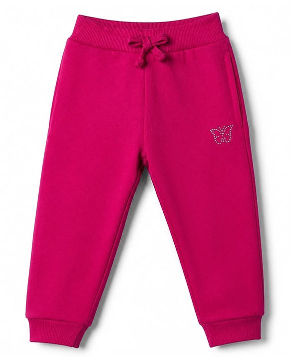 Babyhug Cotton Looper Knit Full Length Lounge Pants With Butterfly Sequin - Dark Pink