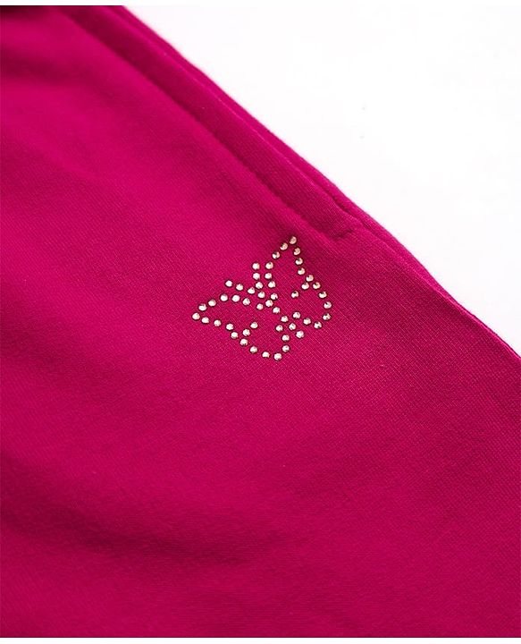Babyhug Cotton Looper Knit Full Length Lounge Pants With Butterfly Sequin - Dark Pink