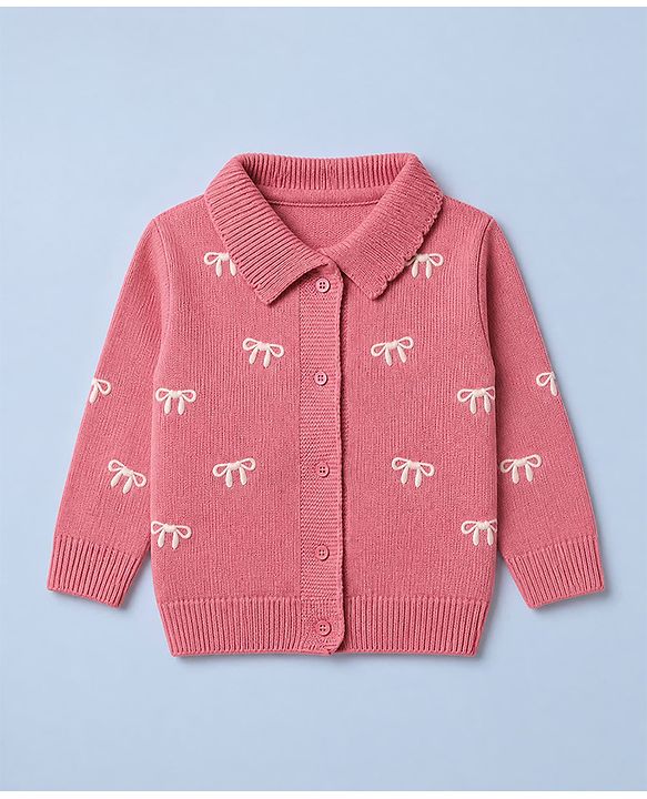 Babyhug Knit Front Open Full Sleeves Polo Collared Sweater with Bow Embroidery - Dark Pink