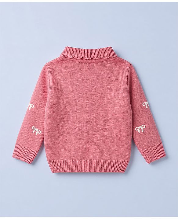 Babyhug Knit Front Open Full Sleeves Polo Collared Sweater with Bow Embroidery - Dark Pink
