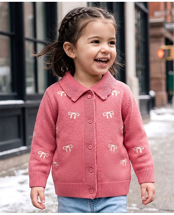 Babyhug Knit Front Open Full Sleeves Polo Collared Sweater with Bow Embroidery - Dark Pink