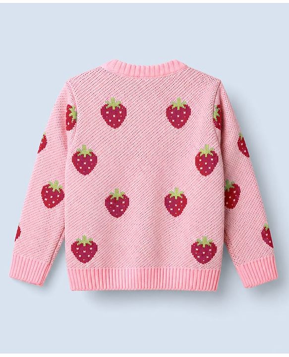 Babyhug Knit Front Open Sweater with Full Sleeves and Strawberry Design in Pink