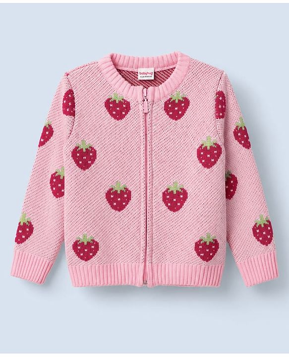 Babyhug Knit Front Open Sweater with Full Sleeves and Strawberry Design in Pink