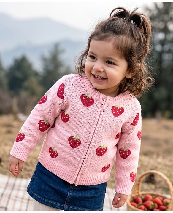 Babyhug Knit Front Open Sweater with Full Sleeves and Strawberry Design in Pink