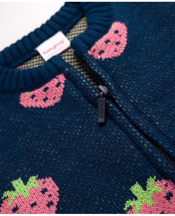 Babyhug Knit Front Open Sweater with Full Sleeves and Strawberry Design in Navy Blue