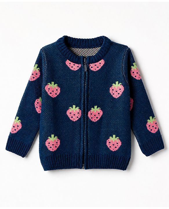 Babyhug Knit Front Open Sweater with Full Sleeves and Strawberry Design in Navy Blue