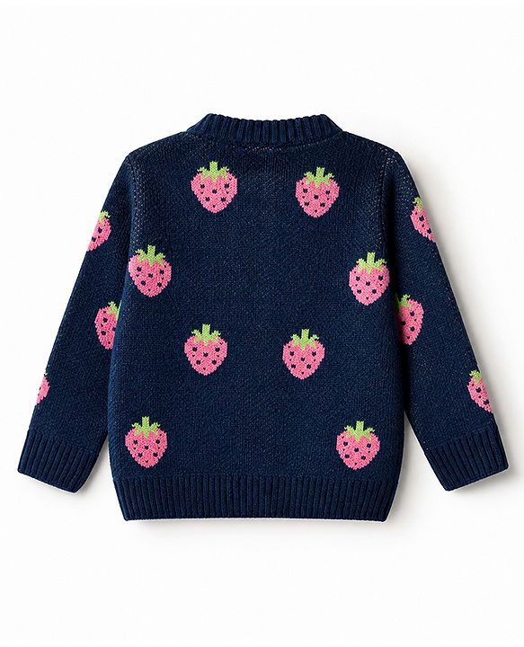 Babyhug Knit Front Open Sweater with Full Sleeves and Strawberry Design in Navy Blue