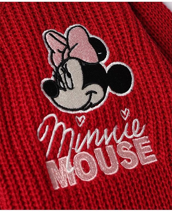 Babyhug Disney 100% Cotton Knit Full Sleeves Sweater Set with Minnie Mouse Detailing - Maroon