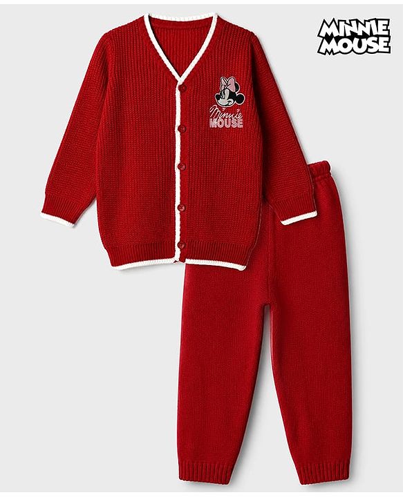 Babyhug Disney 100% Cotton Knit Full Sleeves Sweater Set with Minnie Mouse Detailing - Maroon