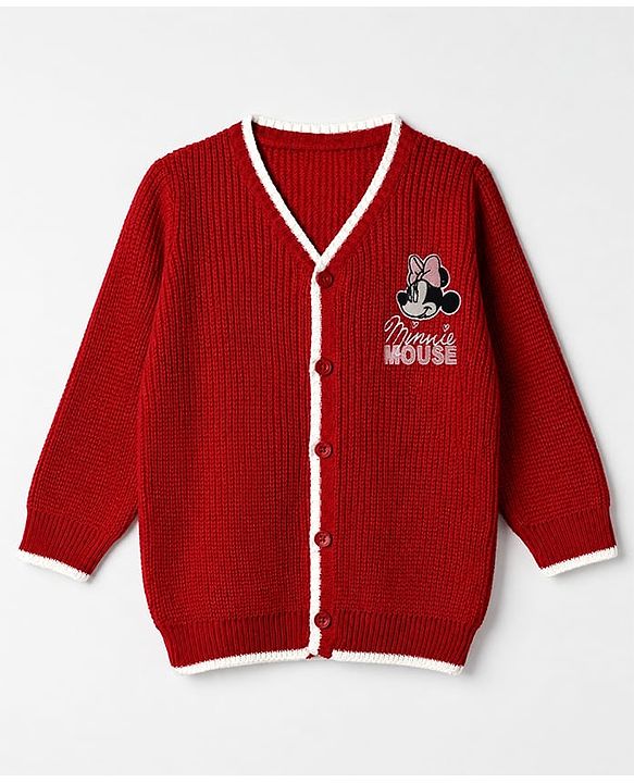 Babyhug Disney 100% Cotton Knit Full Sleeves Sweater Set with Minnie Mouse Detailing - Maroon