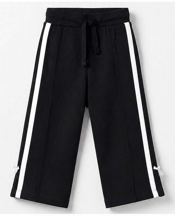 Babyhug 100% Cotton Looper Knit Full Length Lounge Pant With Tape Detailing & Bow Applique - Black