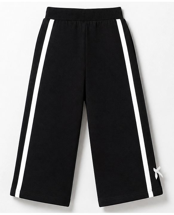 Babyhug 100% Cotton Looper Knit Full Length Lounge Pant With Tape Detailing & Bow Applique - Black