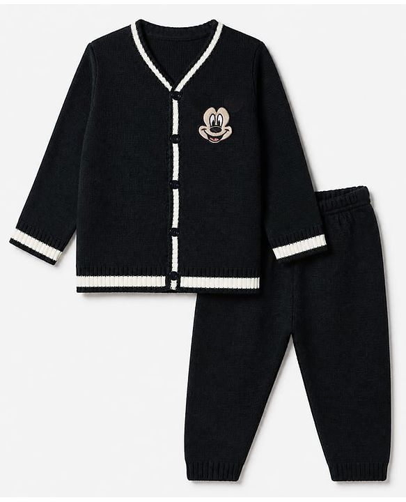 Babyhug Disney 100% Cotton Knit Sweater Sets With Full Sleeves And Mickey Mouse Patch - Black