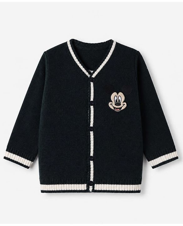Babyhug Disney 100% Cotton Knit Sweater Sets With Full Sleeves And Mickey Mouse Patch - Black
