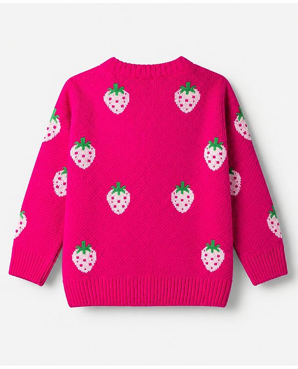 Babyhug Knit Front Open Sweaters with Full Sleeves and Strawberry Design in Pink