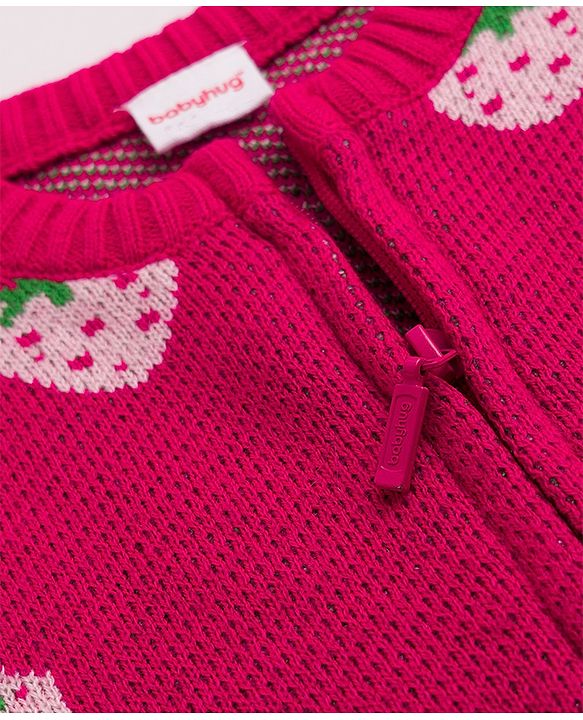 Babyhug Knit Front Open Sweaters with Full Sleeves and Strawberry Design in Pink
