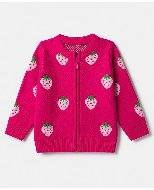 Babyhug Knit Front Open Sweaters with Full Sleeves and Strawberry Design in Pink