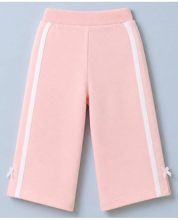 Babyhug 100% Cotton Looper Knit Full Length Lounge Pant With Tape Detailing & Bow Applique - Pink