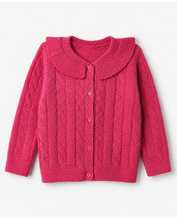 Babyhug Knit Full Sleeve Front Open Sweater with Cable Knit Design - Dark pink