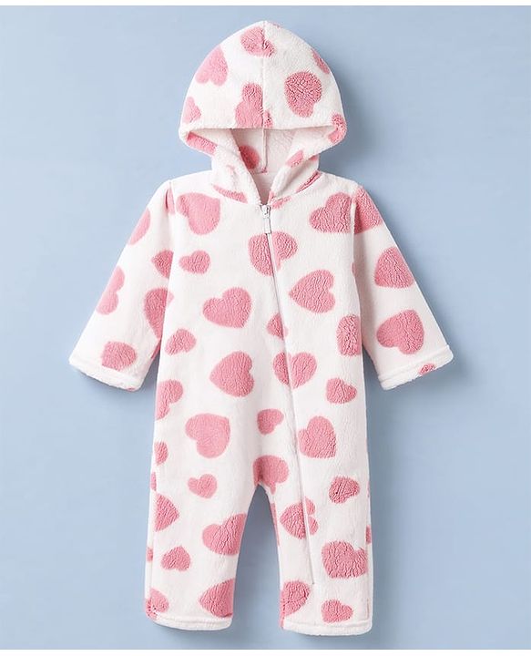 Babyhug Fur Woven Full Sleeves Hooded Winter Wear Romper With Heart Design - Pink