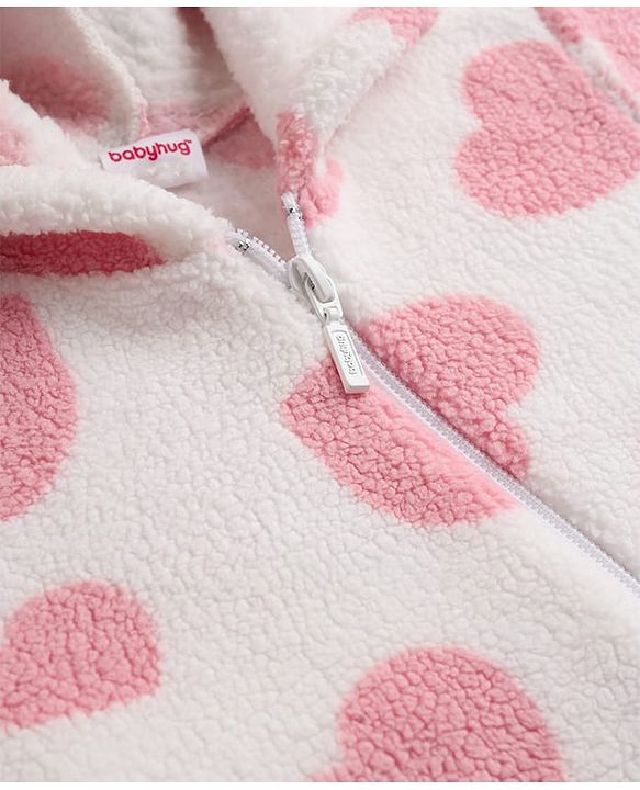 Babyhug Fur Woven Full Sleeves Hooded Winter Wear Romper With Heart Design - Pink