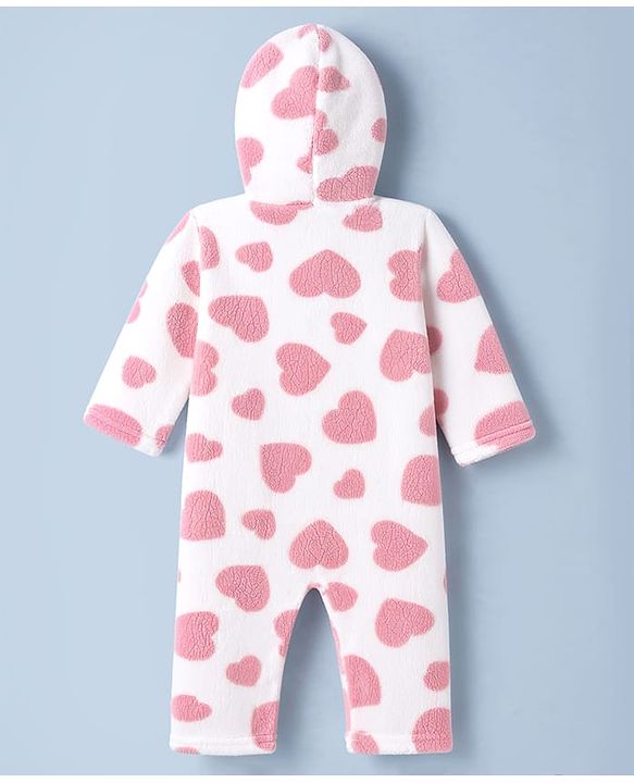 Babyhug Fur Woven Full Sleeves Hooded Winter Wear Romper With Heart Design - Pink
