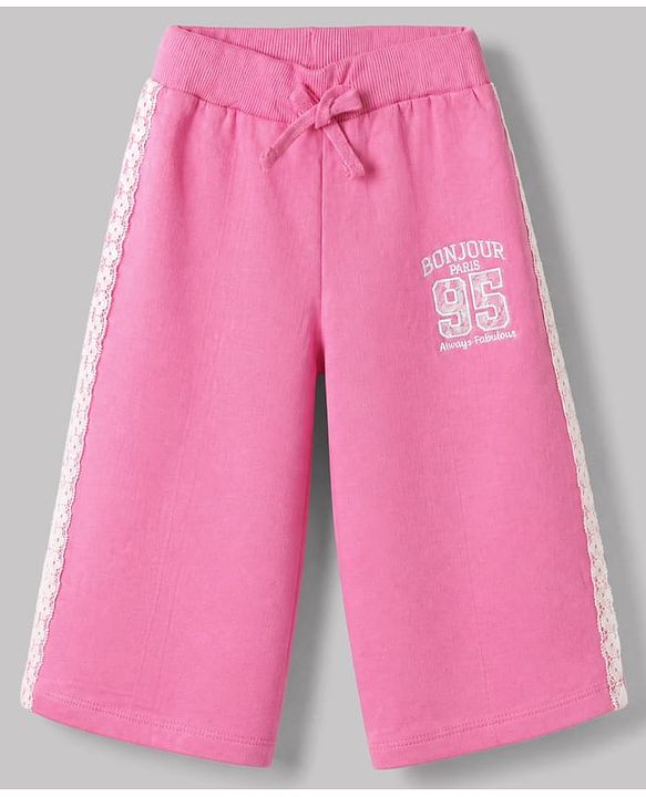 Babyhug Cotton Knit Full Length Lounge Pant with Ankle Length and Bonjour Paris Print in Pink