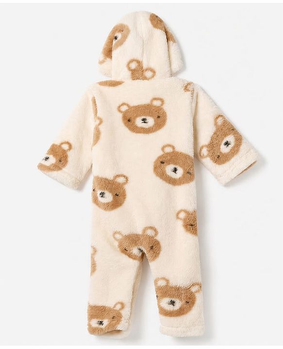 Babyhug Fur Woven Full Sleeves Hooded Winter Wear Romper With Teddy Bear Design - Cream & Brown