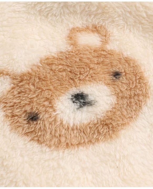 Babyhug Fur Woven Full Sleeves Hooded Winter Wear Romper With Teddy Bear Design - Cream & Brown